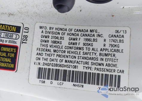 2013 Honda Civic Lx z USA, uszkodzony, nr VIN 2HGFG3B56DH521081